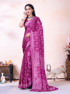 Fliqo Geometric Print, Floral Print, Printed, Woven Bollywood Crepe Saree(Brown)