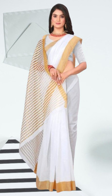 SHRISAREEESa Striped Bollywood Pure Cotton Saree(White)