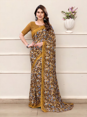 NIRMOHIFASHION Printed Bollywood Georgette Saree(Mustard, Blue, Brown)