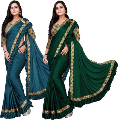 DECOFIN Woven, Solid/Plain Bollywood Lycra Blend Saree(Pack of 2, Light Blue, Green)