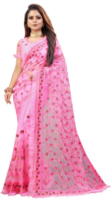 Aika Embroidered Bollywood Net Saree(Pink)