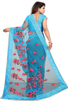 Elegance Avenue Floral Print Bollywood Net Saree(Light Blue)