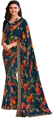 Hensi sarees shop Printed, Floral Print Daily Wear Georgette Saree(Dark Blue, Orange)