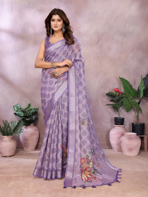 Vintro Printed Bollywood Linen Saree(Purple)