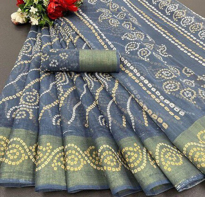 Saadhvi Printed Bandhani Cotton Blend Saree(Grey)