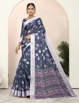 Gajal Printed, Woven Kanjivaram Pure Cotton, Cotton Linen Saree(Dark Blue)