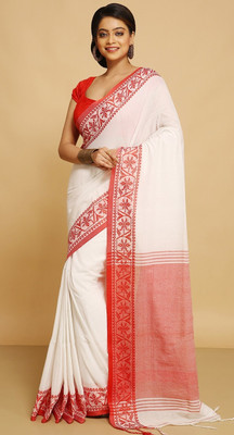 ADbutiq Self Design Bollywood Handloom Cotton Blend Saree(White)