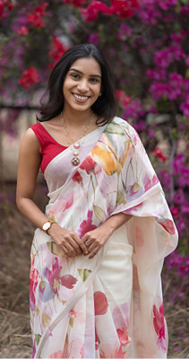 VCREATION Printed Bollywood Cotton Linen Saree(White, Red)
