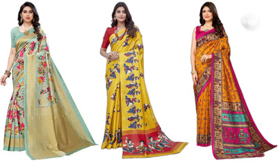 YASHIKA Printed, Woven Kalamkari Art Silk Saree(Pack of 3, Light Green, Yellow)