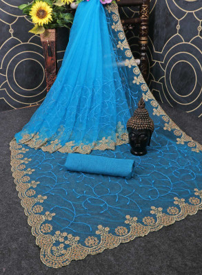 SkyFlock Embroidered Bollywood Net Saree(Light Blue)