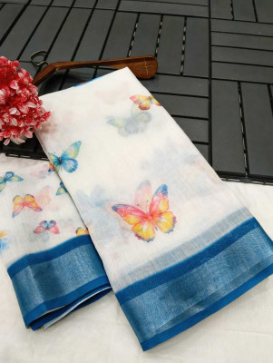 HouseOfCommon Printed, Woven Kanjivaram Pure Cotton, Cotton Linen Saree(Blue)