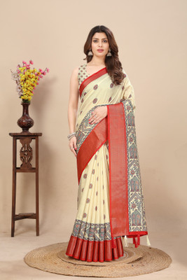 HouseOfCommon Floral Print Hand Batik Cotton Silk Saree(White)
