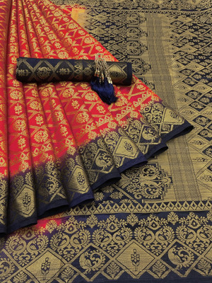 GajGajra Printed Arani Pattu Cotton Silk Saree(Red, Dark Blue)