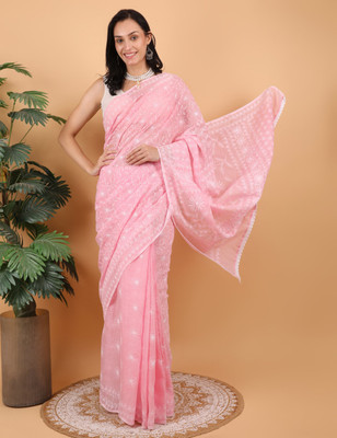 SHWET Embroidered Lucknow Chikankari Cotton Blend Saree(Pink)