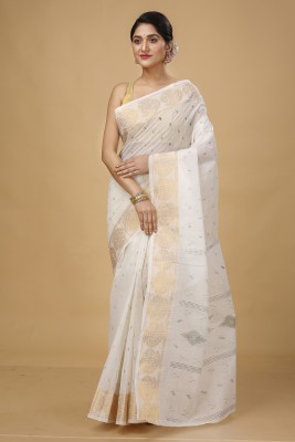 Puspika Self Design Tant Handloom Cotton Blend Saree(Cream)