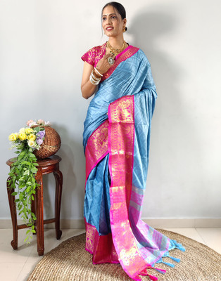 SATVASHIV Self Design Banarasi Cotton Silk Saree(Light Blue)