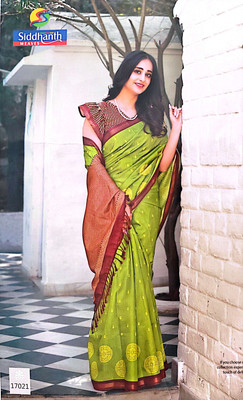 Sidditha Weaves Printed Handloom Silk Blend, Art Silk Saree(Light Green)