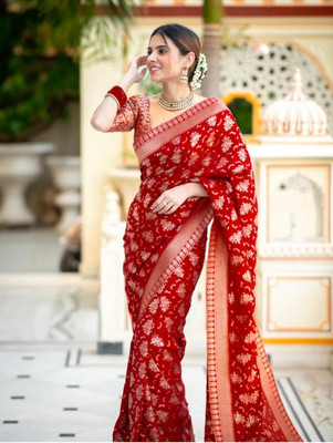 yanish Floral Print, Woven Banarasi Cotton Silk Saree(Red)