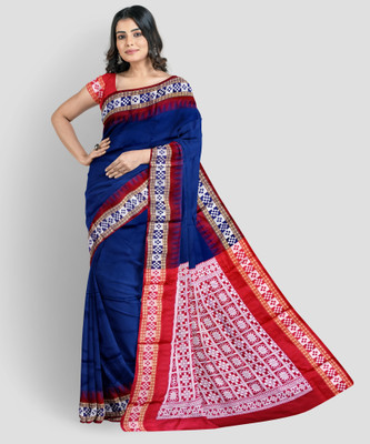 Samrat Handlooms Solid/Plain, Temple Border Sambalpuri Cotton Silk Saree(Dark Blue)