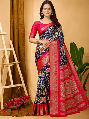 Anouk Rustic Printed Chinnalapattu Silk Blend Saree(Dark Blue)