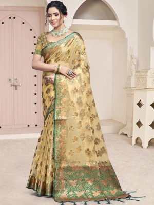 BUNAWAT Self Design Handloom Organza Saree(Beige)