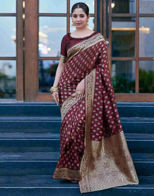 sorathiya enterprise Woven Banarasi Silk Blend Saree(Maroon)
