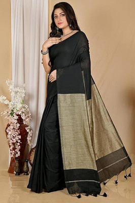 zayraa Solid/Plain Daily Wear Cotton Blend Saree(Grey, Black)