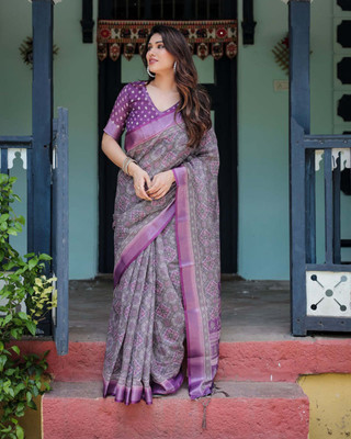 Soor Panchi Digital Print Banarasi Cotton Linen Saree(Purple)