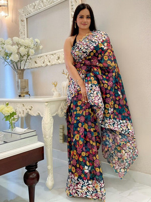 ANOUK Embroidered Saree with Attached Blouse Organza Saree(Black)