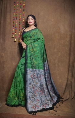 Dixon Printed, Self Design, Solid/Plain Sambalpuri Pure Cotton Saree(Green, Silver)