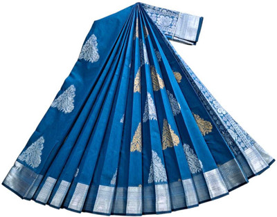 sri amman sarees Woven Banarasi Cotton Silk Saree(Blue)