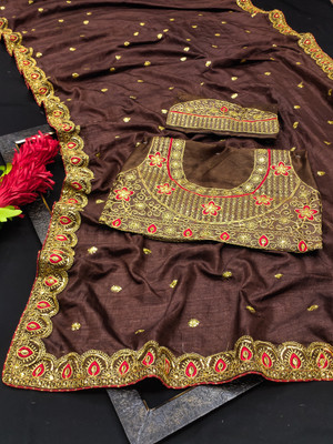 Vraj Textile Embroidered Chinnalapattu Pure Silk Saree(Brown)