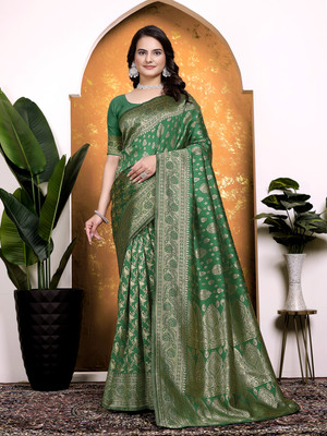 Kanooda Prints Embellished Banarasi Silk Blend Saree(Green)