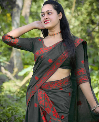 Divine Fabrics Woven Mekhela Chador Cotton Silk Saree(Grey)