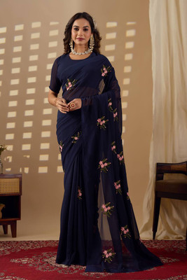 SILKORA Embroidered Bollywood Georgette Saree(Dark Blue)
