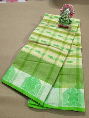 Bikash Dutta Fashion Checkered Tant Pure Cotton Saree(Green, White)