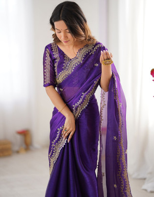 Satrani Embroidered Bollywood Chiffon Saree(Purple)