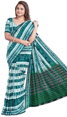 handloom paridhaan Temple Border, Checkered, Embellished Handloom Pure Cotton Saree(Green)