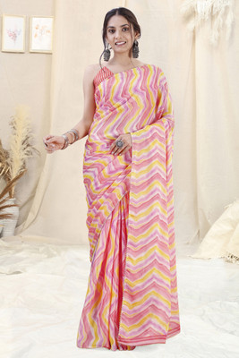 MIRCHI FASHION Printed, Striped, Embellished Leheria Chiffon, Georgette Saree(Pink, Yellow)