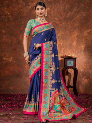 ANOUK Printed Daily Wear Silk Blend Saree(Dark Blue)