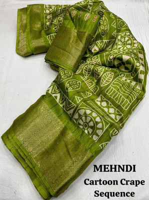 STAVA CREATION Printed Bollywood Cotton Blend Saree(Green)