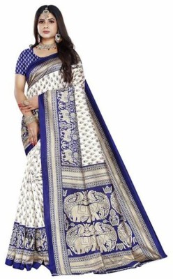 PREETHU Self Design Kanjivaram Art Silk Saree(White, Dark Blue)