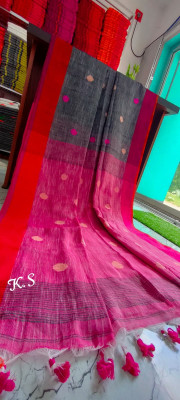 LDma Embroidered, Solid/Plain Handloom Pure Cotton Saree(Grey, Pink)