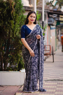 vdc Printed Bandhani Chiffon Saree(Dark Blue)