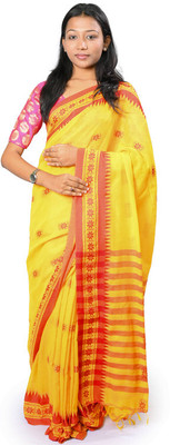 OXYMASU Solid/Plain Handloom Cotton Blend Saree(Yellow)