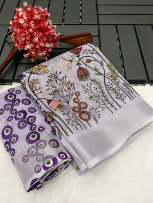 PRTRENDZ Printed Kanjivaram Pure Cotton, Cotton Linen Saree(Blue)