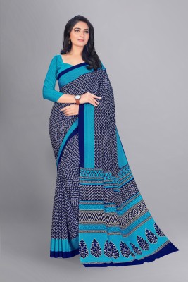 Novus Knitting Printed Daily Wear Crepe Saree(Blue, Dark Blue, White)