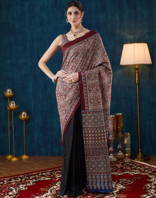 Divastri Blocked Printed, Printed Daily Wear Crepe, Silk Blend Saree(Multicolor, Black, Maroon)