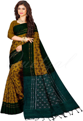 Quetzal Printed Sambalpuri Pure Cotton Saree(Yellow)