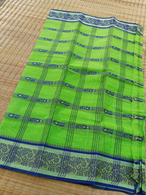 Happy Creation Printed Tant Handloom Cotton Blend Saree(Green)